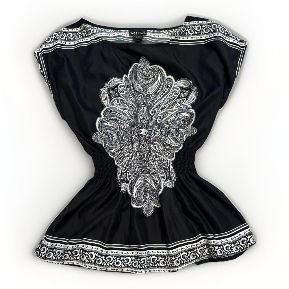 VTG Wet Seal Women's Y2K Paisley Black & White Small Top Peplum Whimsygoth‎ Boho